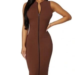 Naked Wardrobe Brown Ribbed Sheath Midi Dress